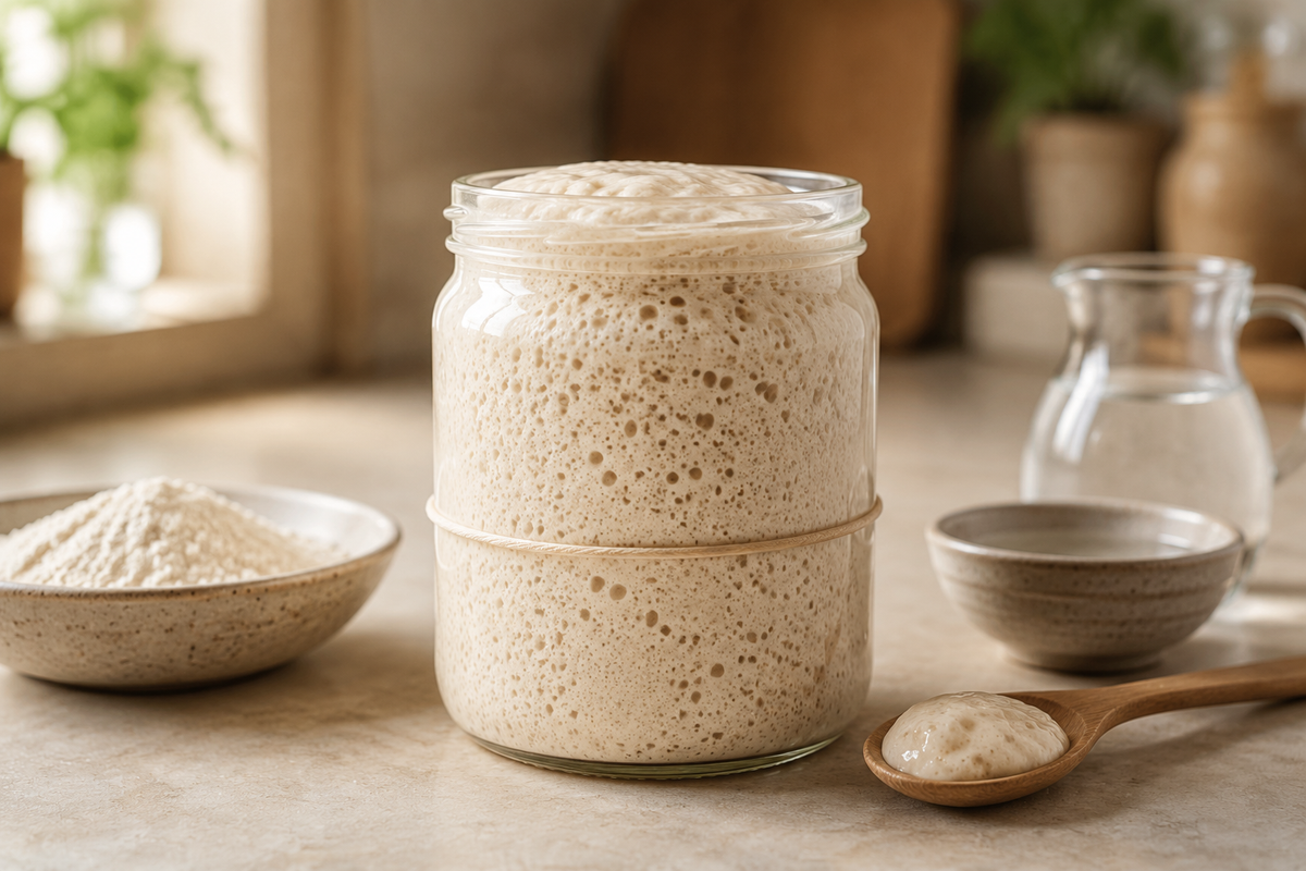 Healthy sourdough starter doubled in size with visible bubbles
