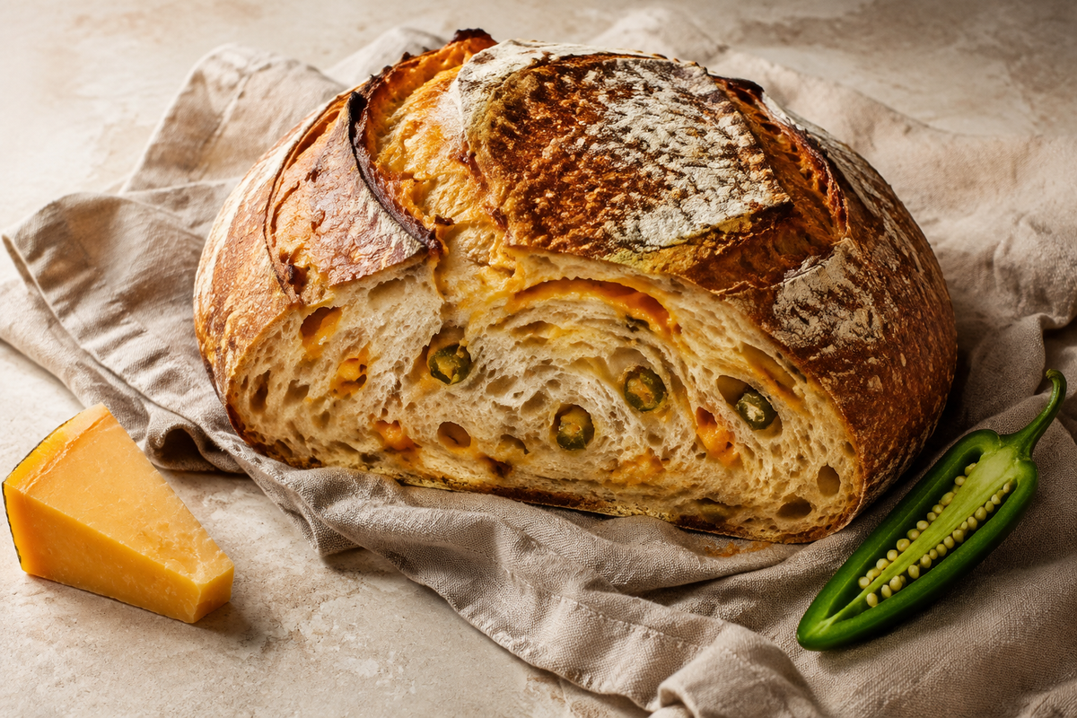 Cheddar jalapeño sourdough loaf with a crisp golden crust, melted cheese and sliced green jalapeños