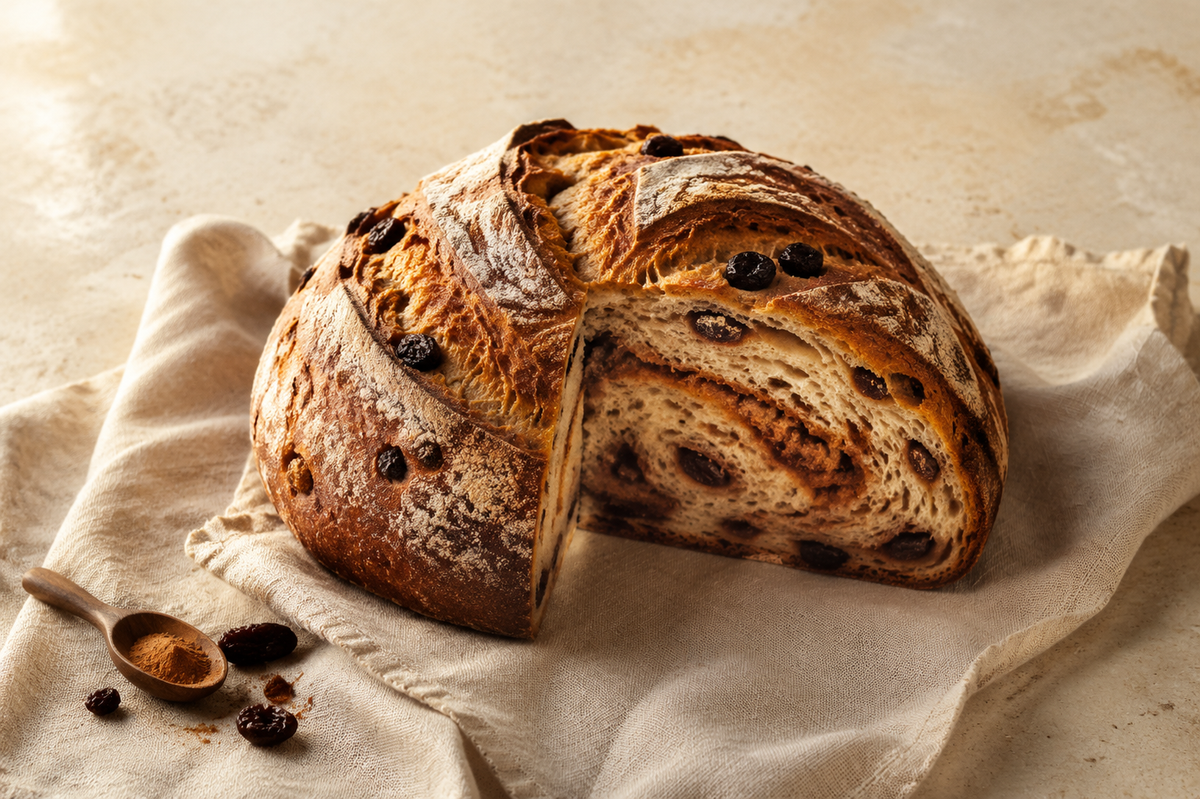 Cinnamon raisin sourdough loaf with a golden crust, cinnamon swirl and plump raisins