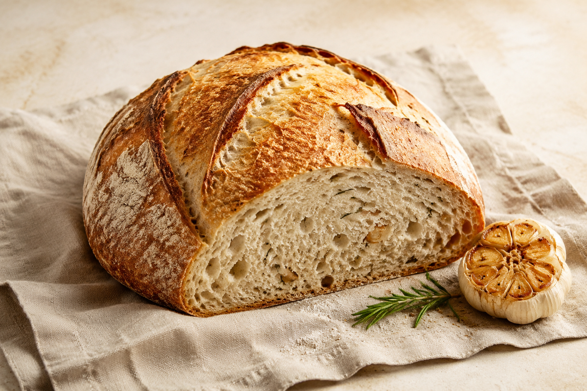 Rosemary garlic sourdough loaf with a golden crust, herb-flecked crumb, roasted garlic and fresh rosemary