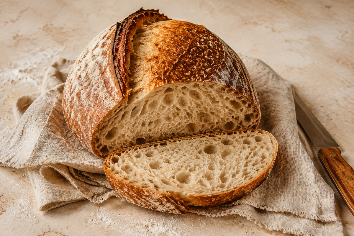 Classic country sourdough loaf with a golden crust and open, airy crumb