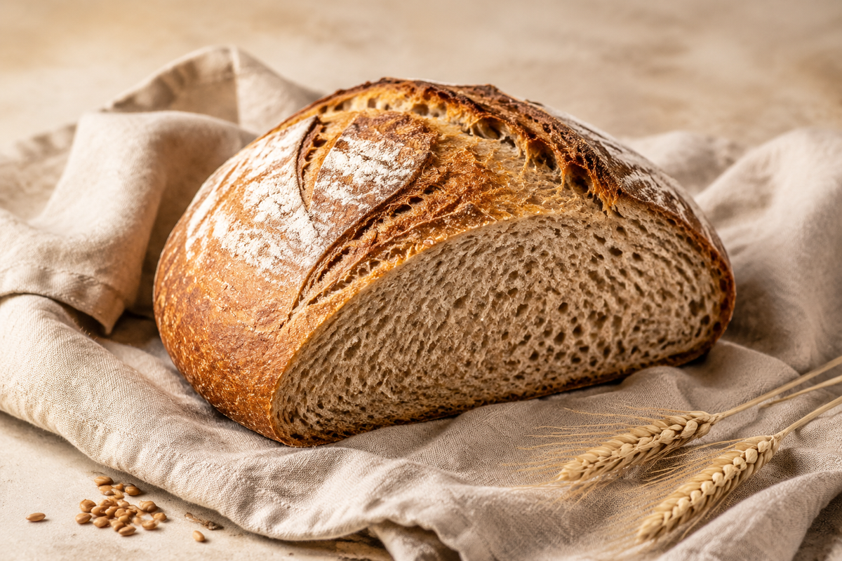 Rustic whole-wheat sourdough loaf with a crisp golden crust and tender whole-grain crumb