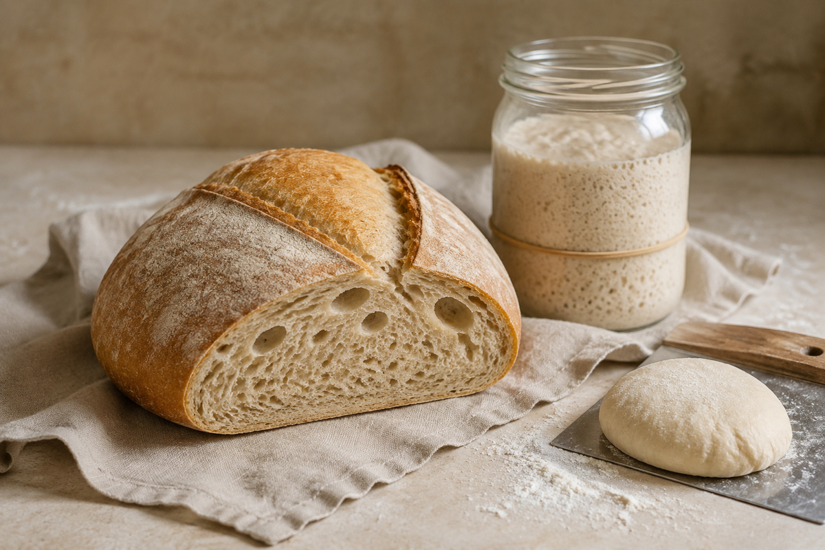 Sourdough troubleshooting scene with a tight-crumb loaf, active starter and unbaked dough