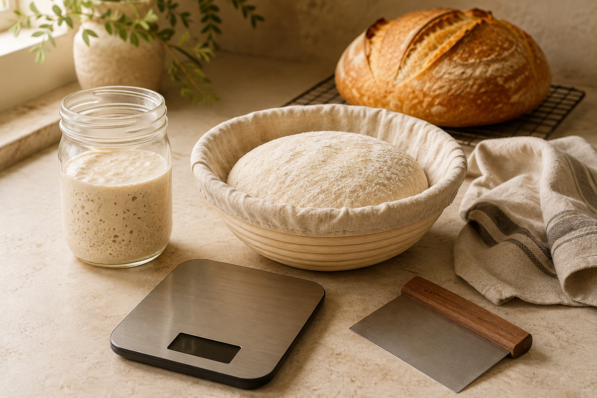 Beginner sourdough baking setup with active starter, proofing basket, scale and dough scraper