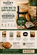 A promotional flyer for Baker's Kitchen introducing the Sourdough Starter Jar Kit. The flyer features a large jar of sourdough bread, a digital scale, glass jars, and a digital starter culture machine, with text detailing the $14.
