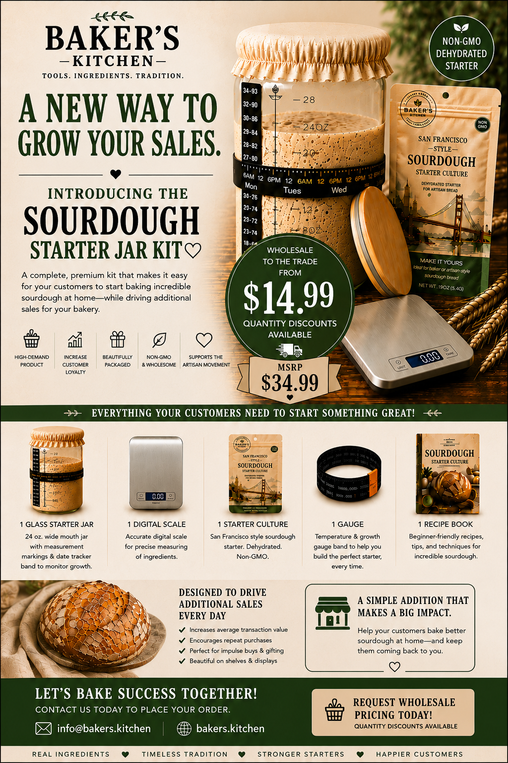 A promotional flyer for Baker's Kitchen introducing the Sourdough Starter Jar Kit. The flyer features a large jar of sourdough bread, a digital scale, glass jars, and a digital starter culture machine, with text detailing the $14.