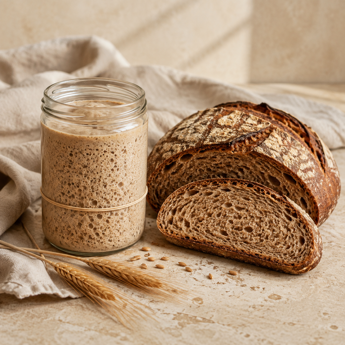 Active rye sourdough starter beside a rustic whole-grain rye loaf
