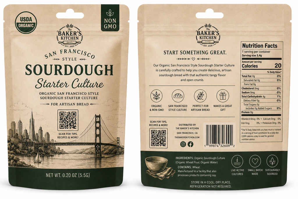 Front and back views of Baker's Kitchen Sourdough Starter Culture packaging, showing the kraft paper style design with illustrations of the San Francisco skyline on the front and product information, nutrition facts, and icons on the back.